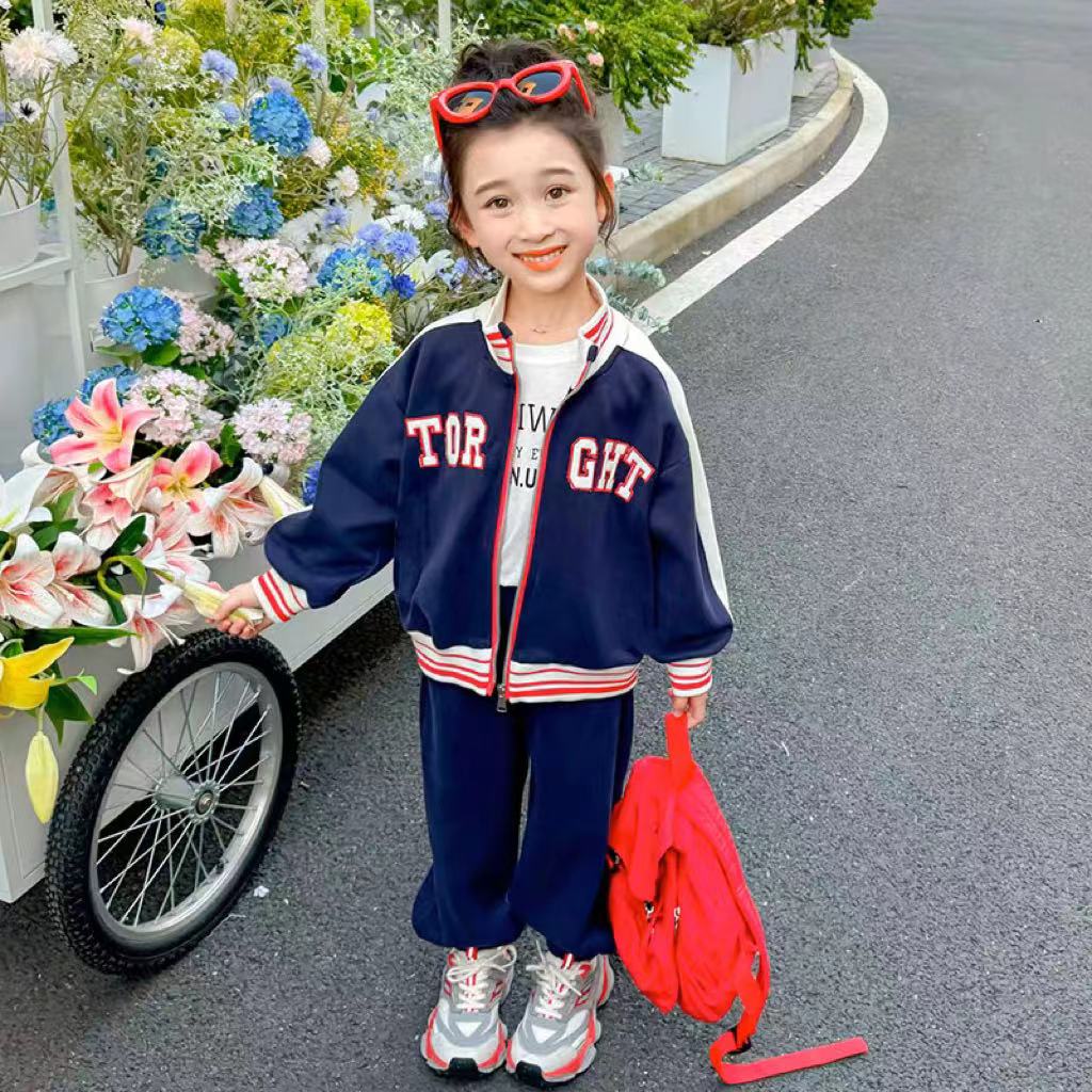 小丸子  28012女童秋款儿童网红运动棒球服套装两件套