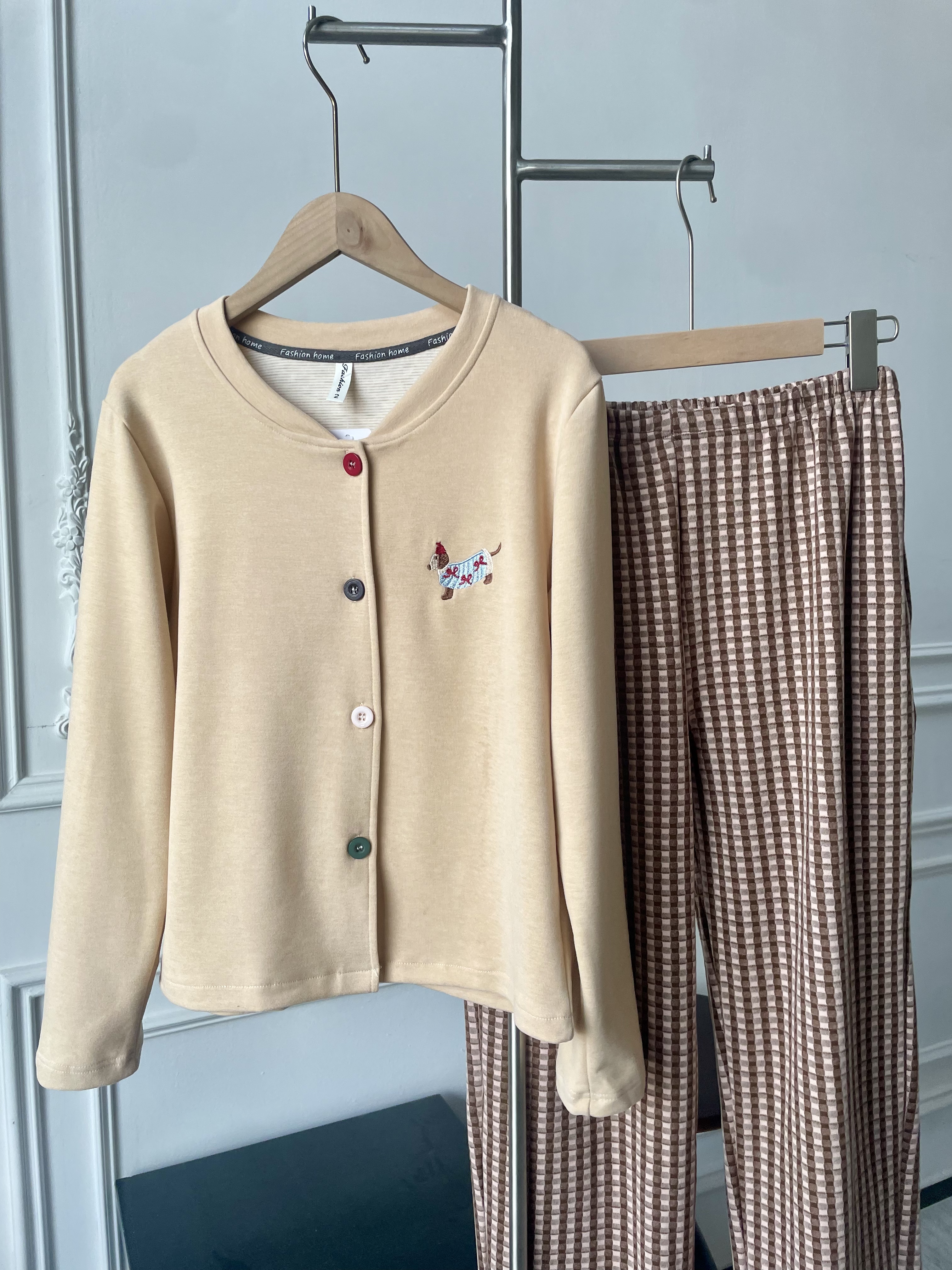 【 腊肠狗羊绒睡衣】可外穿冬季厚款女士长袖长裤开衫家居服套装