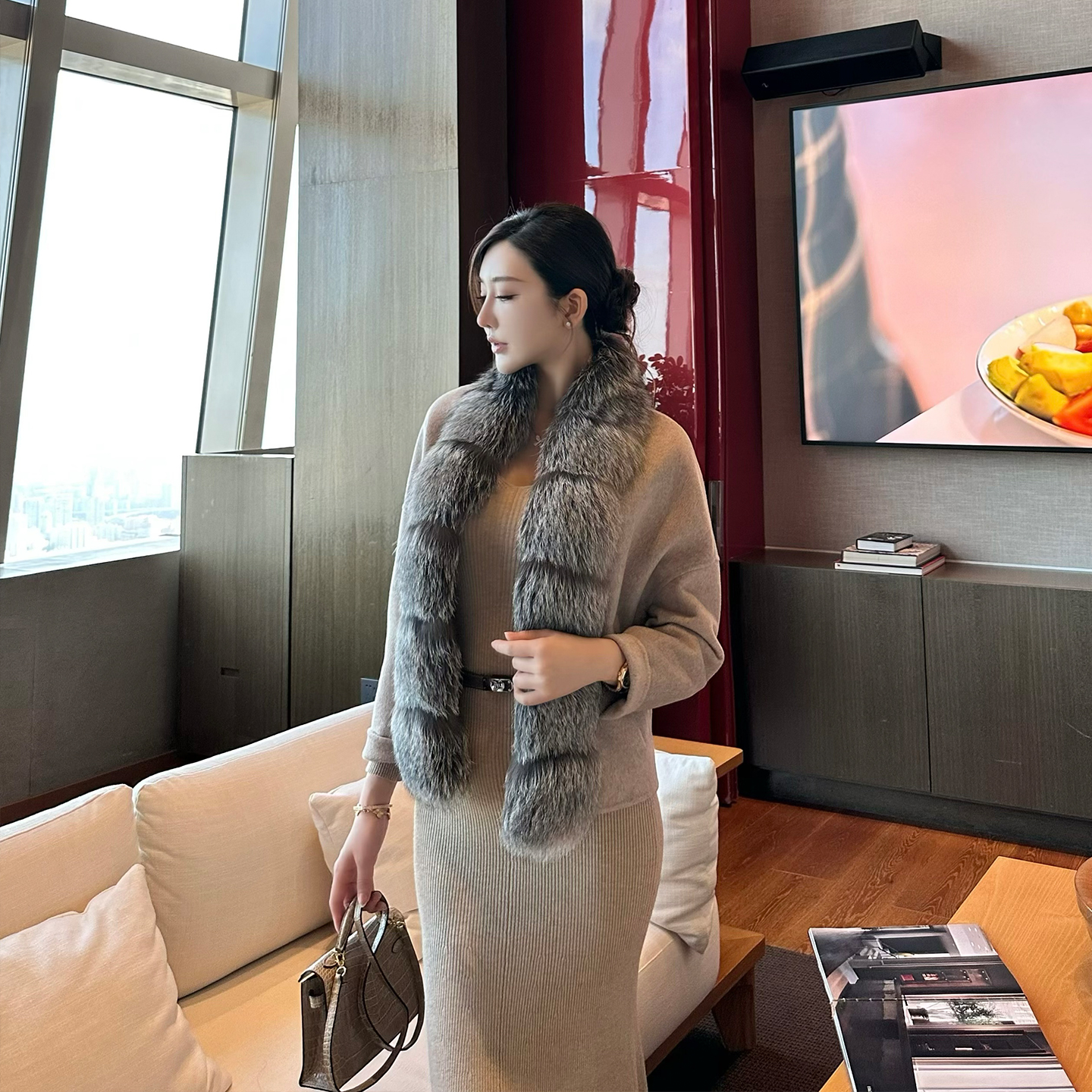 SX善喜绵羊毛拼接狐狸毛领双面呢大衣女高级感气质山羊绒毛呢外套