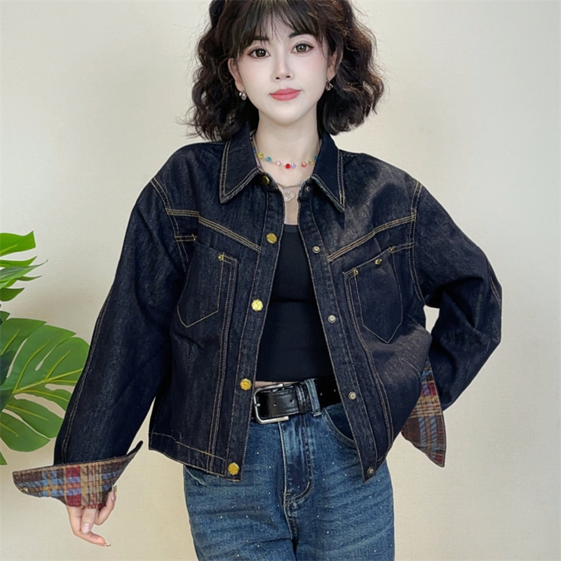 迪否复古美式牛仔外套秋季爆款休闲格子拼接女长袖外套2261