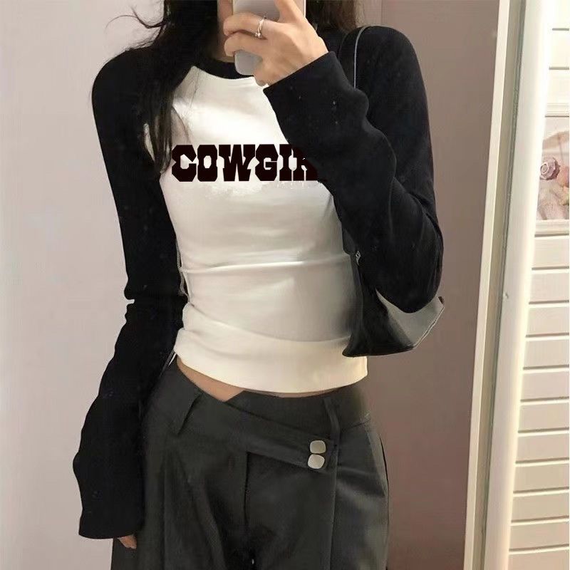 INS风辣妹美式复古短款长袖t恤女早秋薄款修身打底撞色插肩上衣女