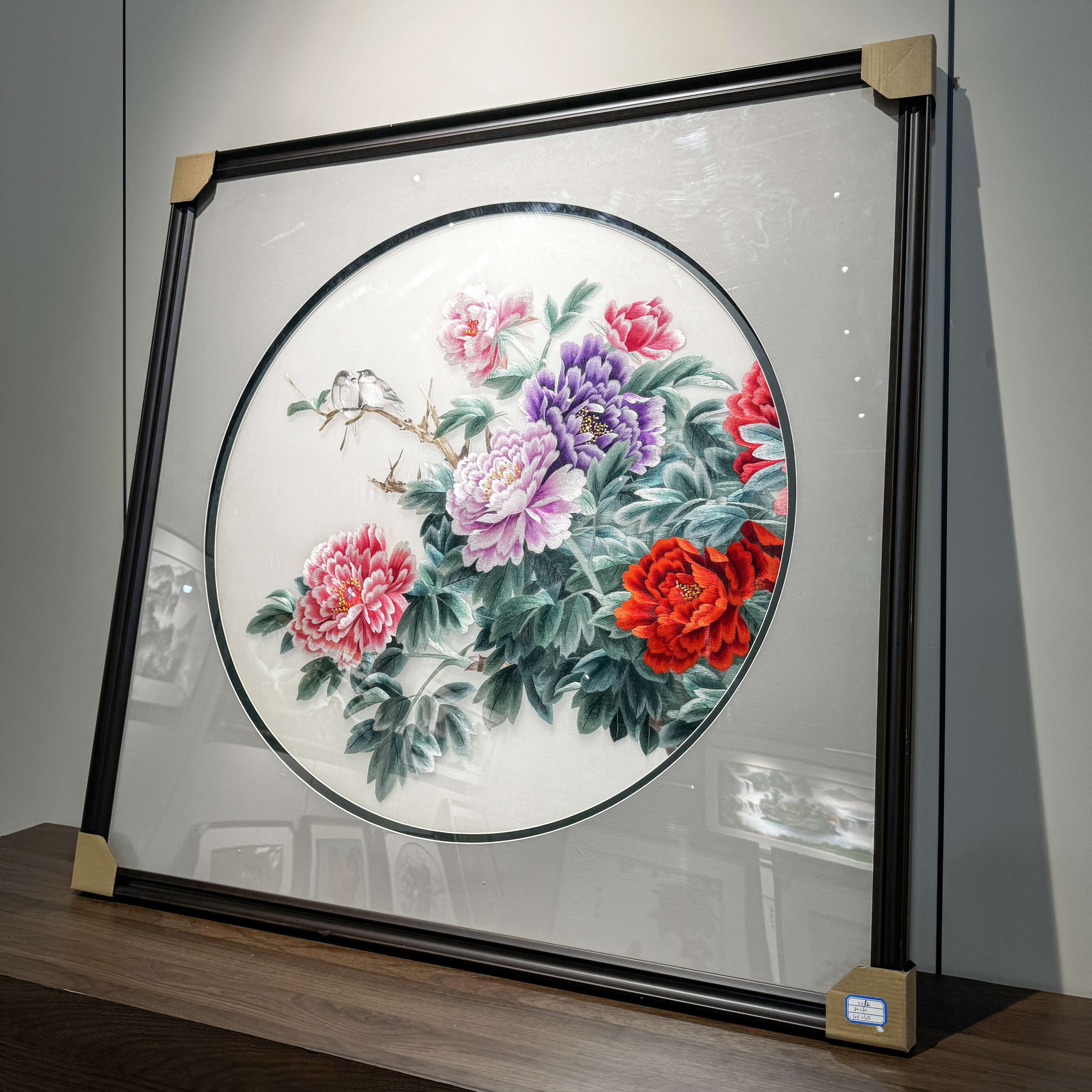 【牡丹花鸟】纯手工刺绣苏绣精品高档玄关走廊新中式画芯80*80cm