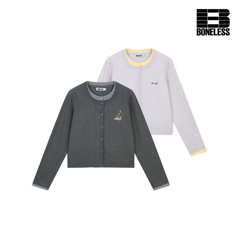 【繁花系列】BONELESS花卉刺绣假两件针织开衫设计感撞色毛衣女男