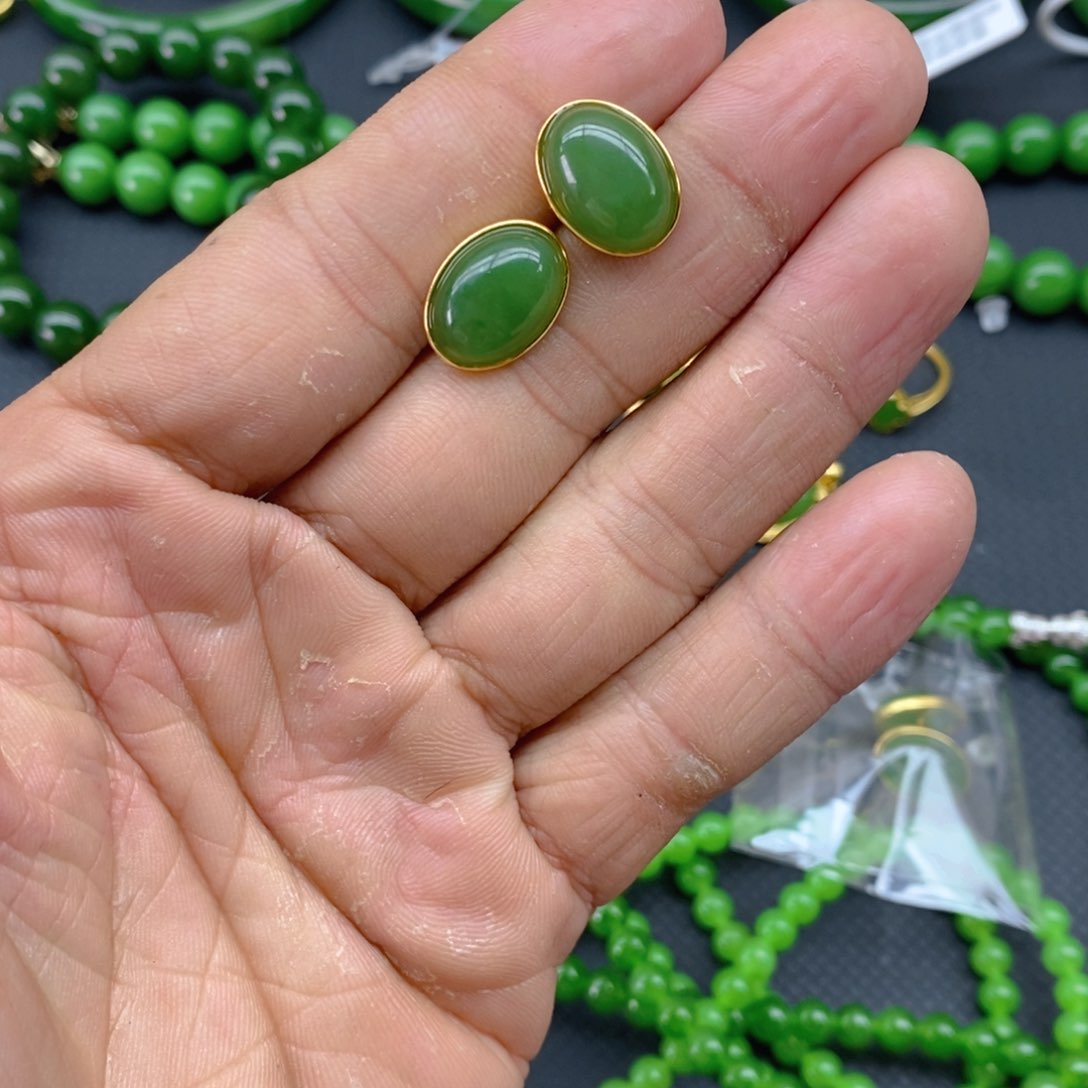 和田玉（碧玉）耳饰银S925镶嵌