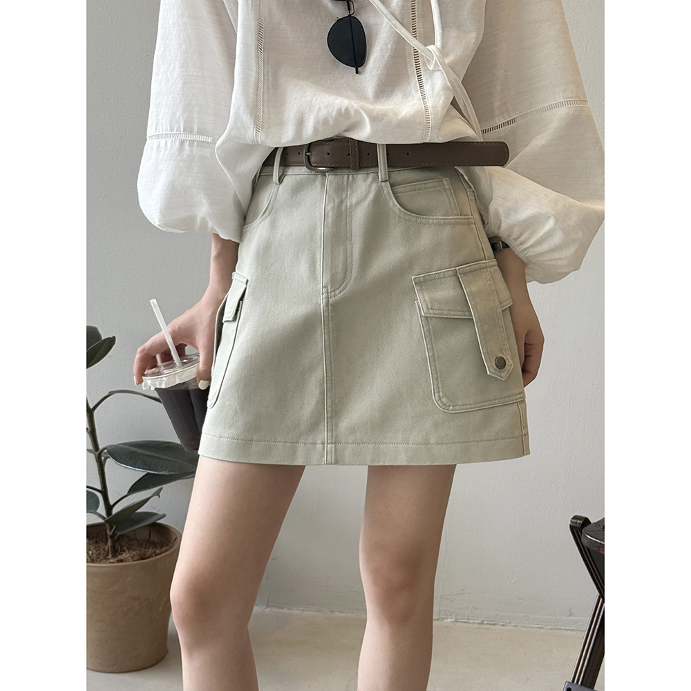 (洺语定制）双口袋工装a字短裙女 夏季高腰遮胯显瘦带防走光半身裙