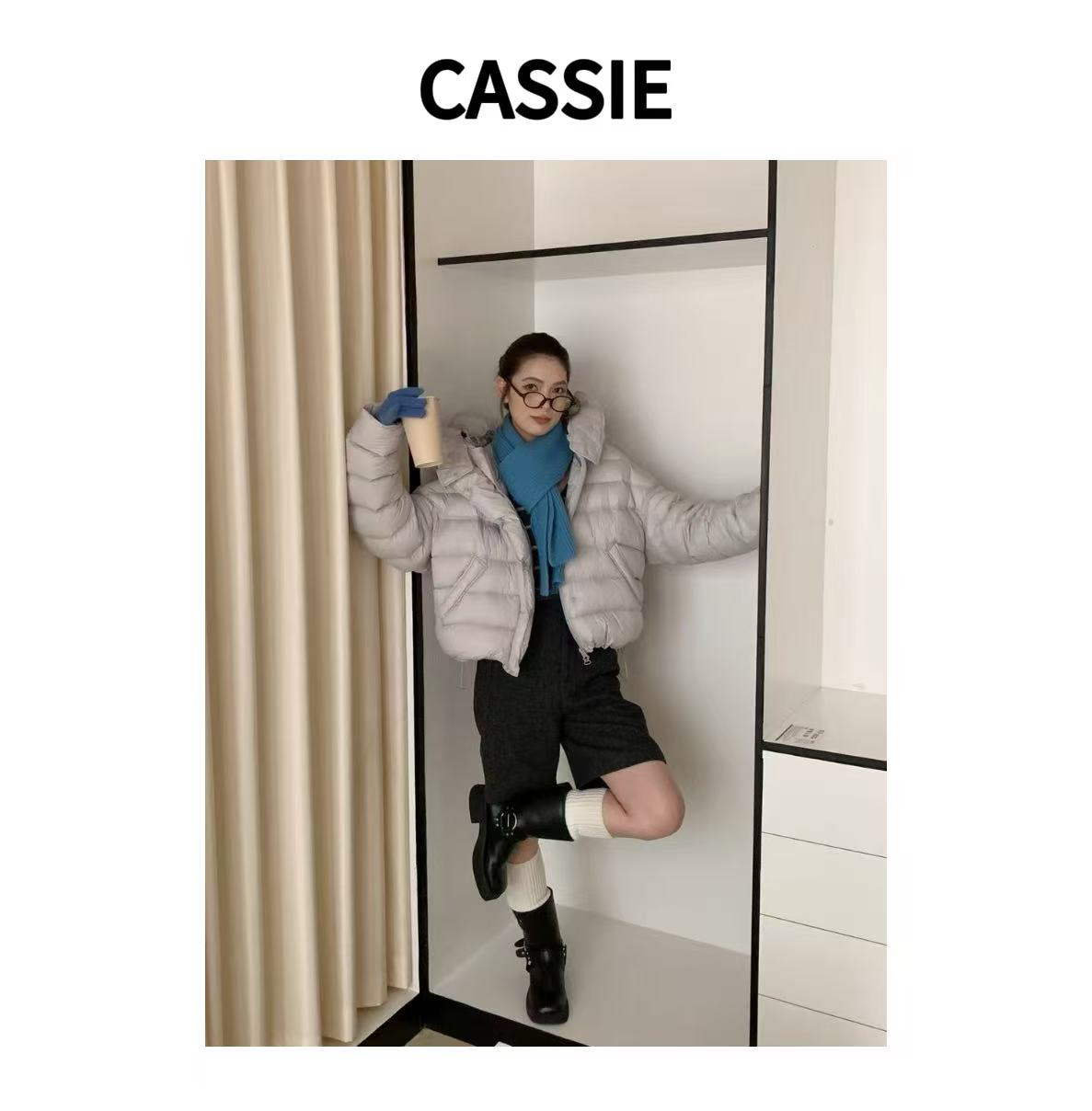 CASSIE2025新款95白鸭绒小豌豆排骨羽绒服女短款宽松泡芙弯刀袖