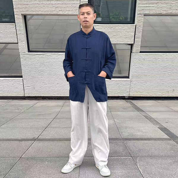 中国风立领盘扣衬衫太极服男秋季新中式长袖衬衣中山唐装外套藏蓝
