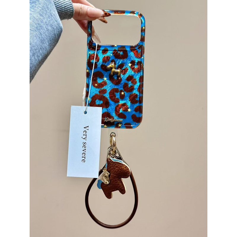 锡纸纹蓝底豹纹立体小金马手绳适用苹果17promax手机壳15iphone16