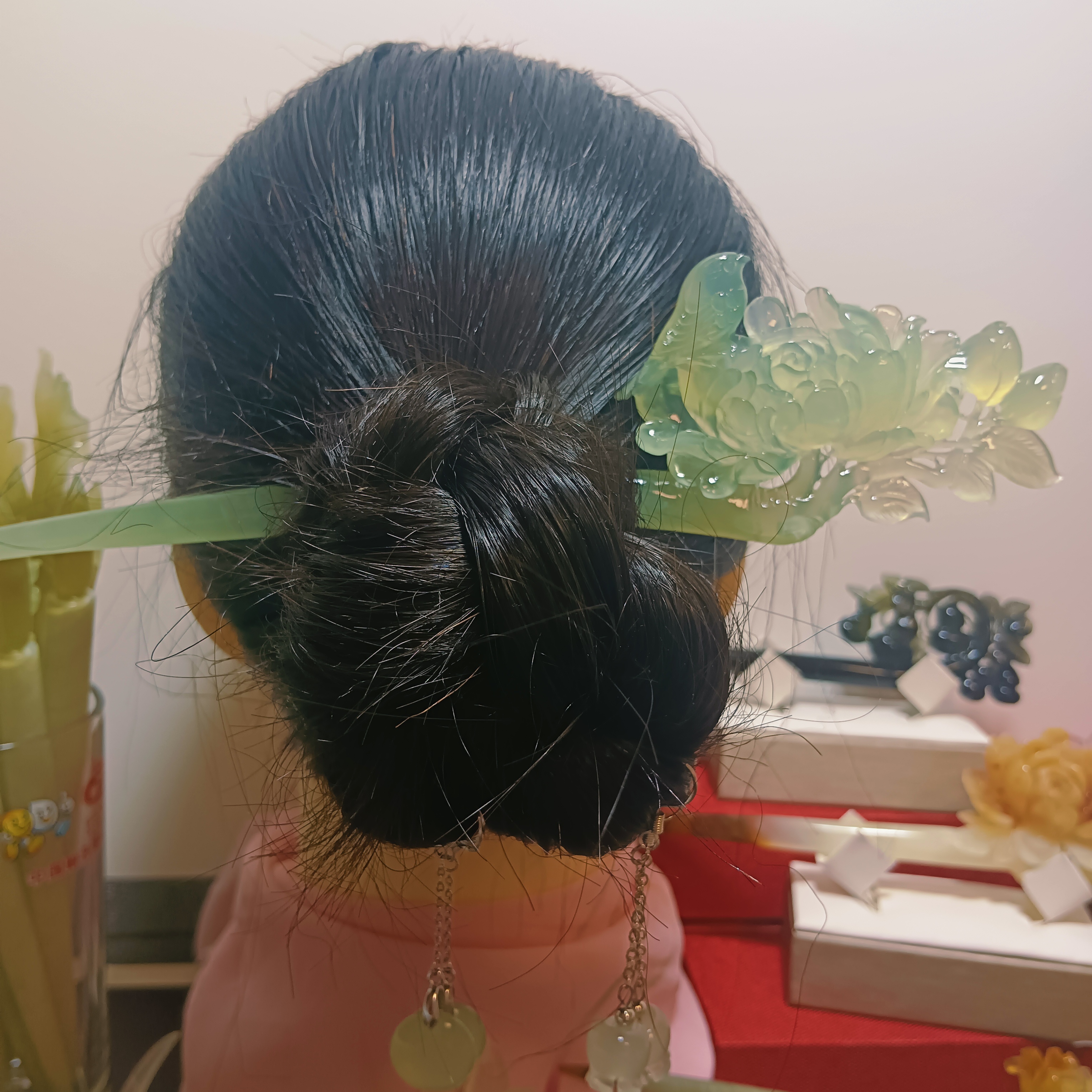 岫玉牡丹花发簪，纯手工制作古风头饰