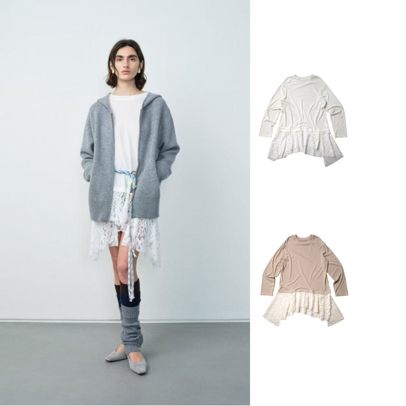 【manzanilla】25秋冬 ZT25AW020472 拼接蕾丝针织长袖长版T