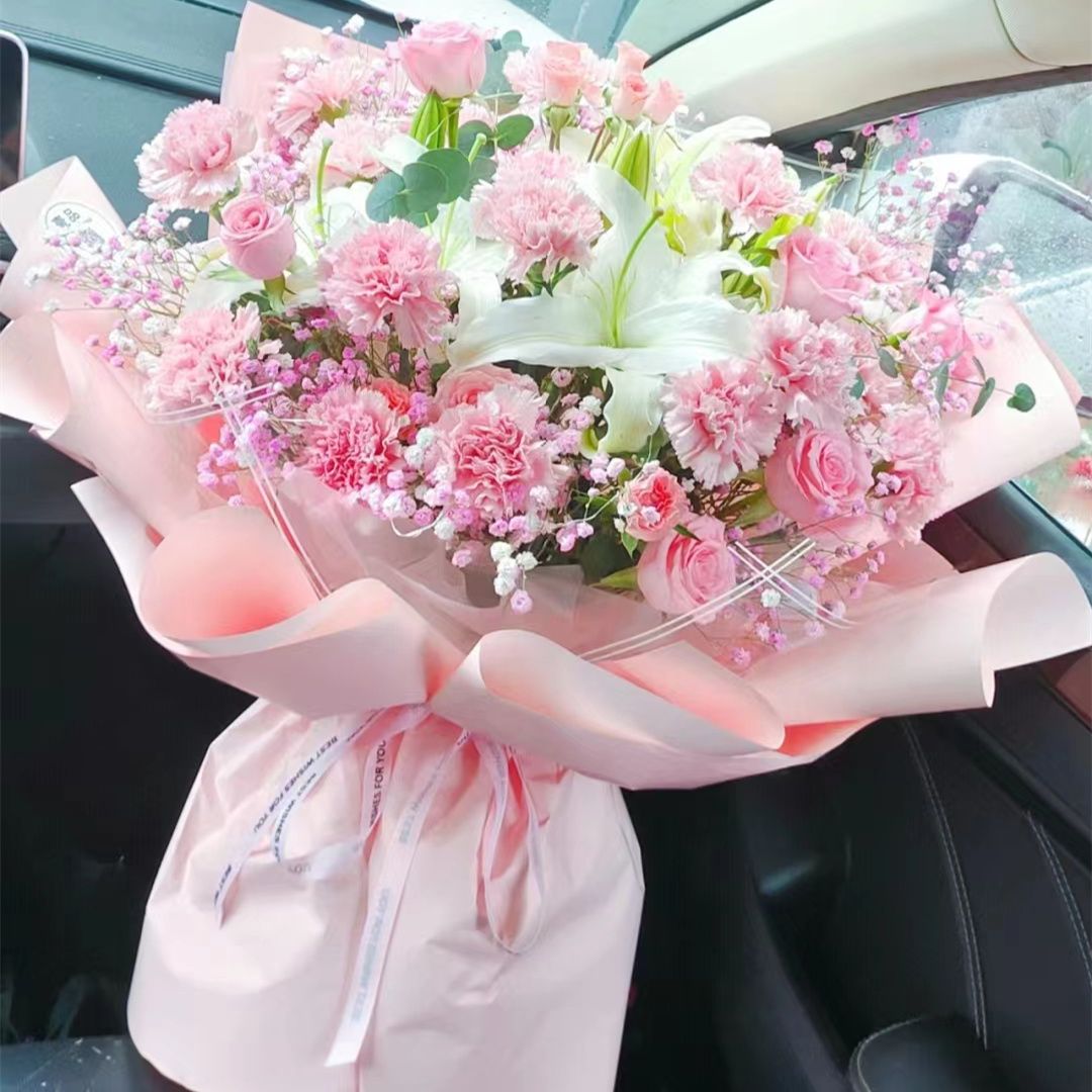 红粉色康乃馨花束鲜花同城花店配送母亲节生日送妈妈长辈礼物家用