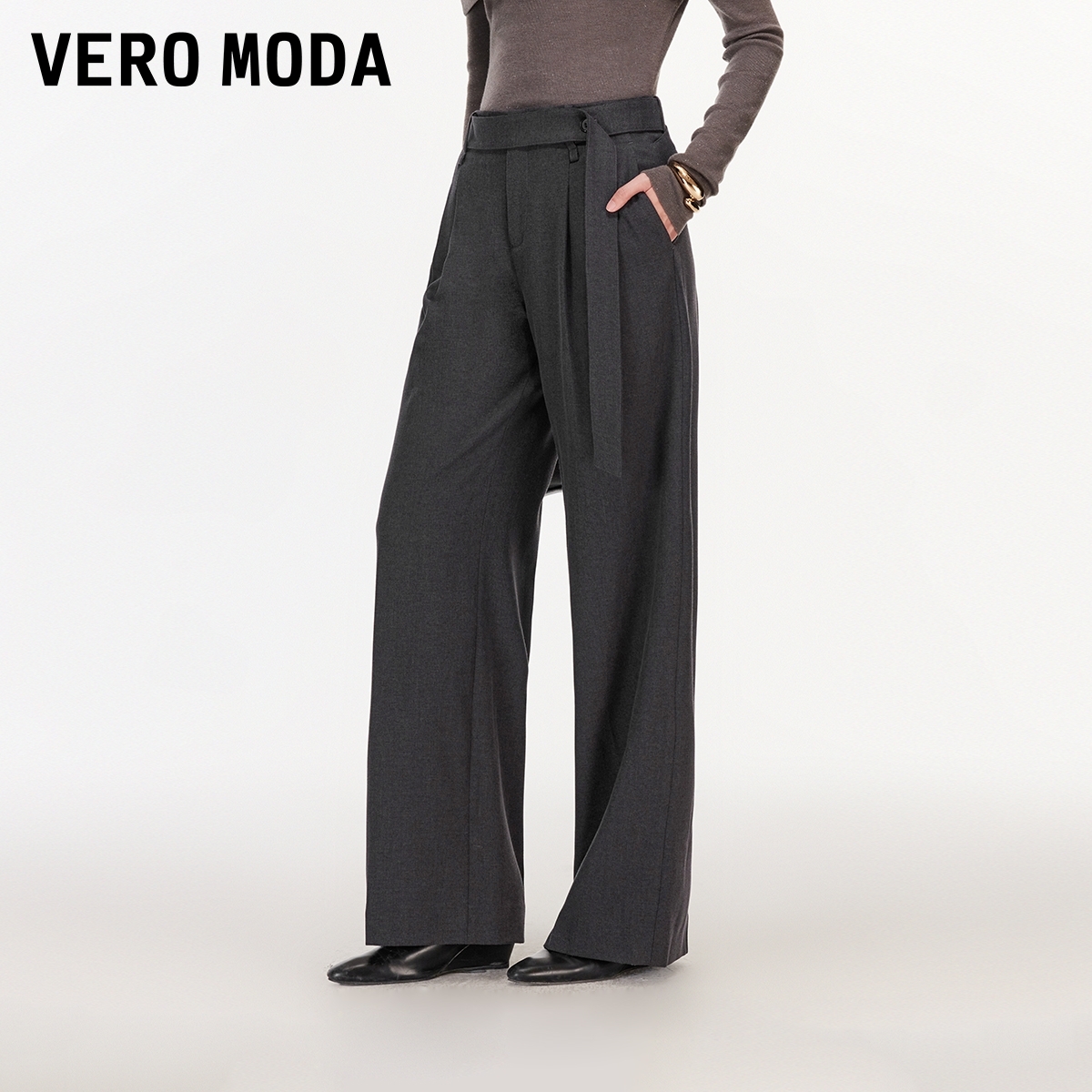 Vero Moda休闲裤2026春季新款宽松前褶腰带西装阔腿裤时尚洋气