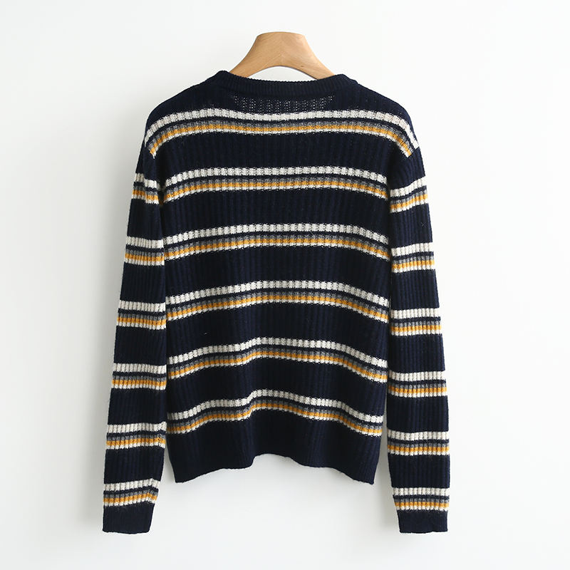 【开播福利】拼色条纹圆领宽松粗针毛衣#UPY48M018