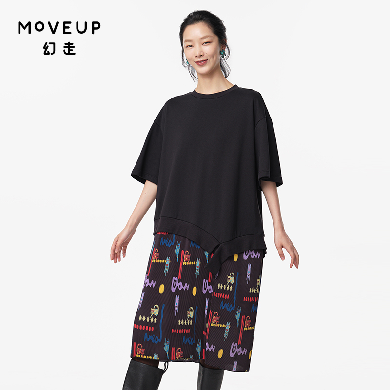 MOVEUP幻走2024秋季新款.FUN 不对称雪纺印花针织连衣裙324311304