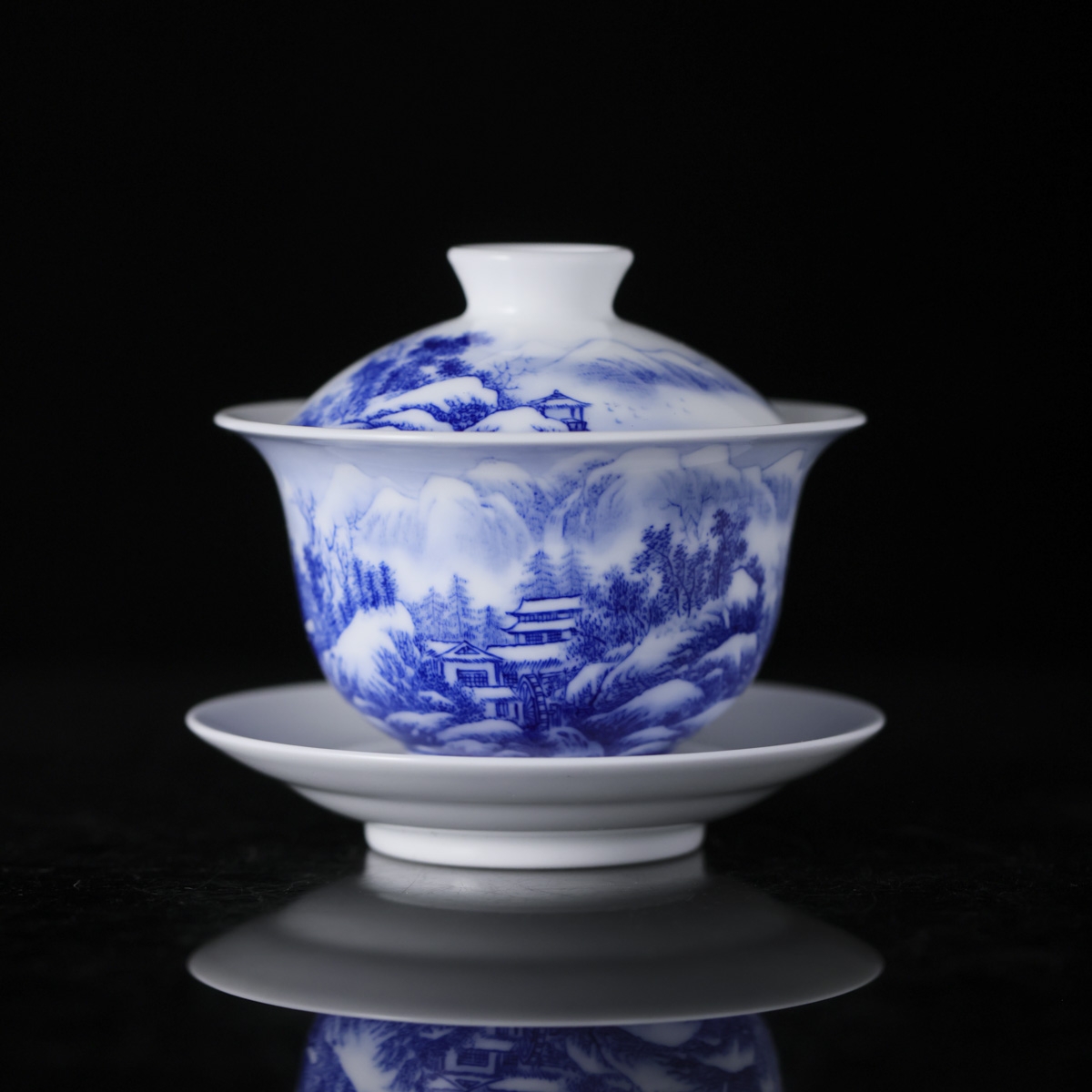 九段烧-九段妙手雪景山水高盖碗  手工画片有差异以直播间为准