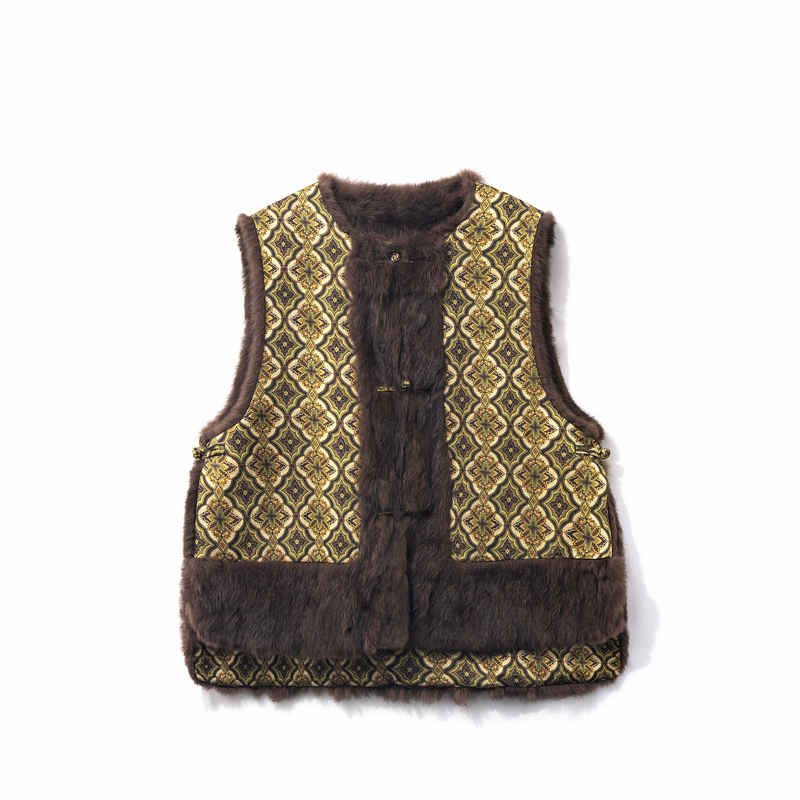 【黄翎】冬季2025新款新中式马夹女式皮毛一体宽松国风提花兔毛马甲