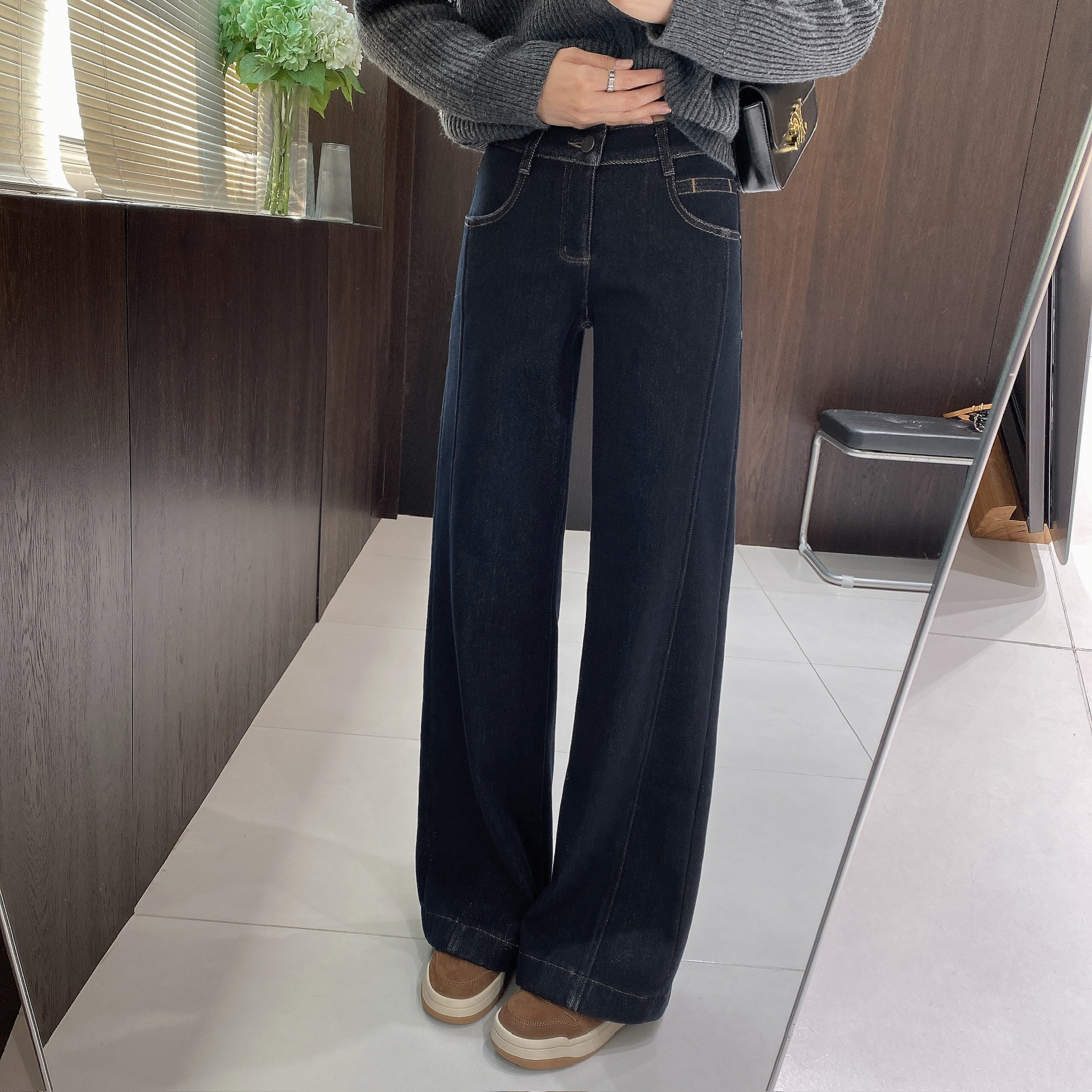 IMFLY金小金自制女装 加绒牛仔裤DYK2910秋冬季高腰窄版阔腿长裤