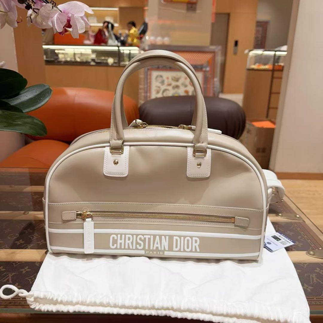 99新 DIOR/迪奥 VIBE系列 经典米色牛皮中号保龄球手提斜跨包/箱