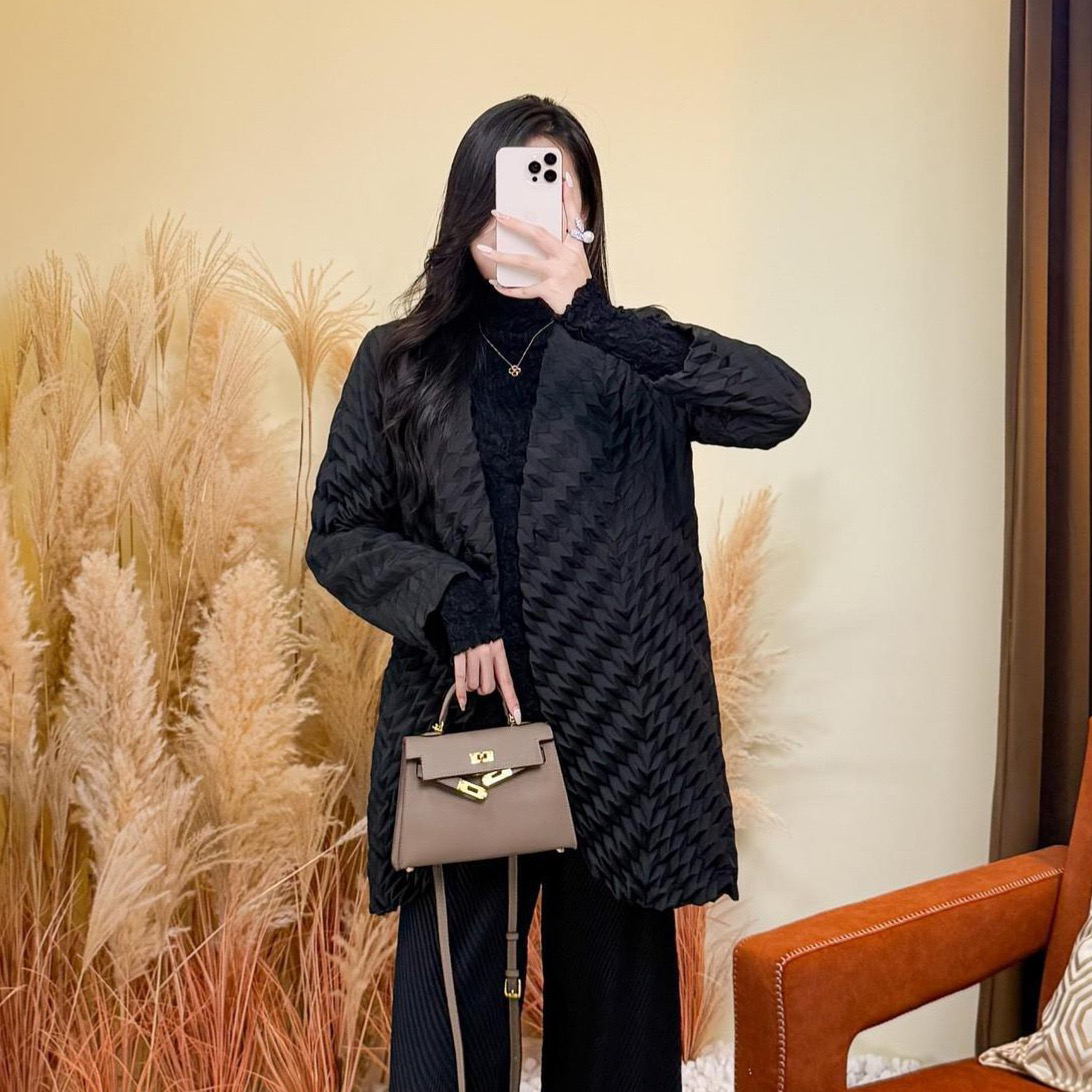 褶皱菠萝格翻领宽松系带不规则时尚保暖开衫棉服外套女秋冬新款