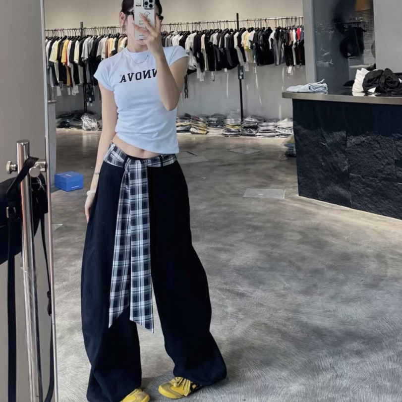 [胖鹅张] 松紧腰格纹腰带宽松弯刀裤#1220[实物以直播间展示为准]