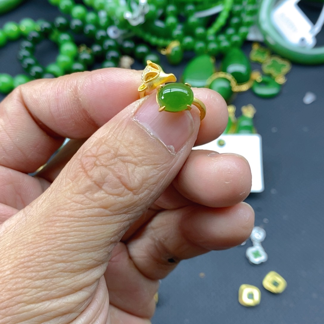 和田玉（碧玉）戒指银S925镀金镶嵌