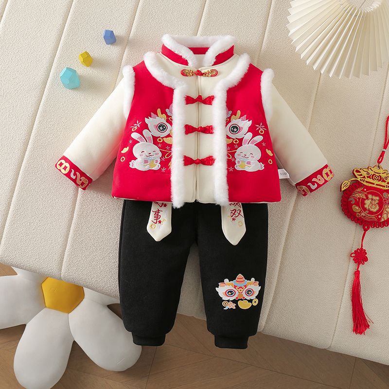男童宝宝冬季中国风加绒加厚好事成双喜庆周岁礼服拜年服套装儿童