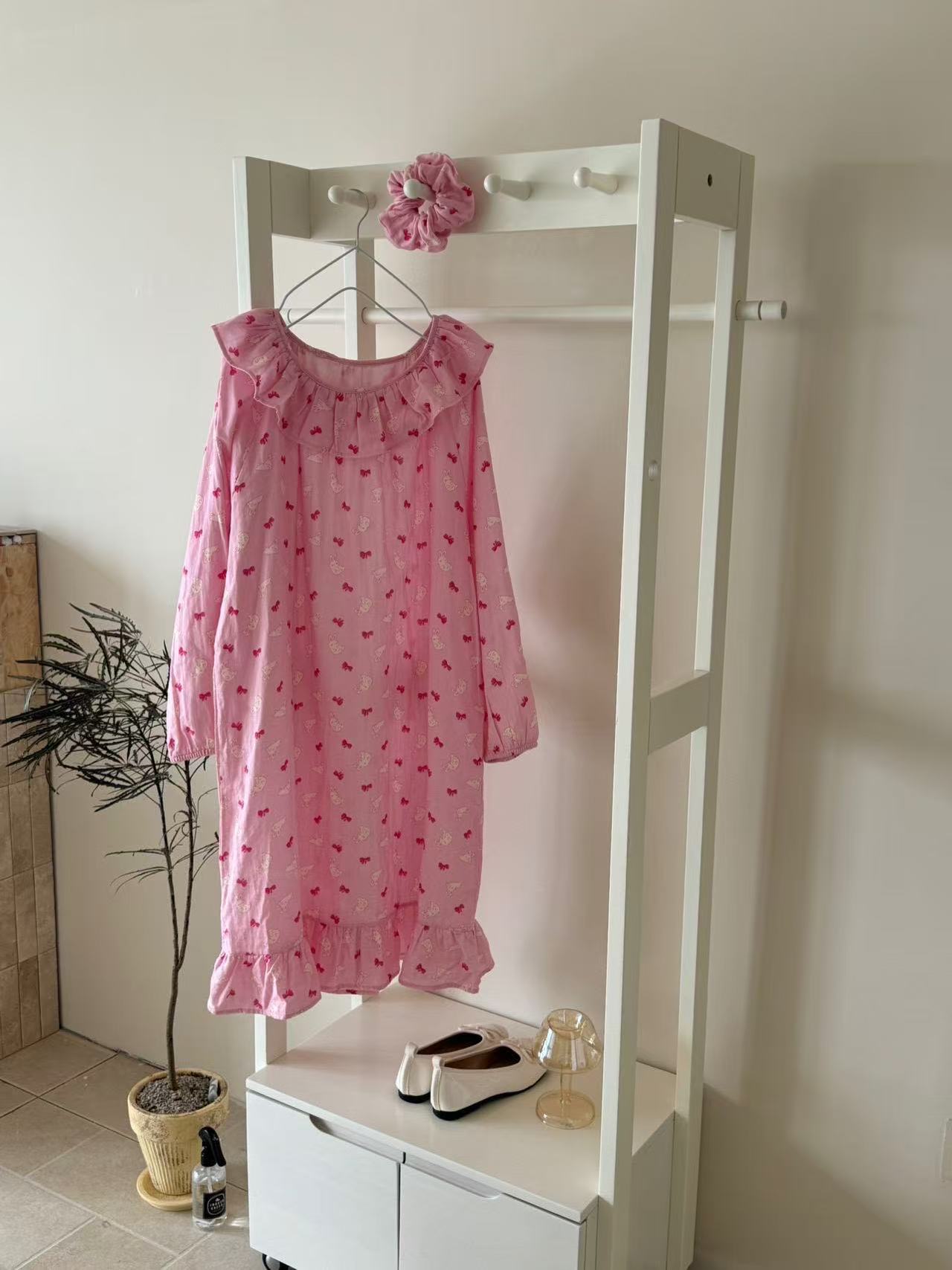 A类100%纯棉双层纱薄款秋季韩系甜美圆领花边长袖100%全棉睡裙女