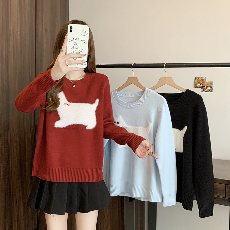 71568（21）秋冬新款大码女软糯韩系慵懒风卡通小狗圆领毛衣上衣