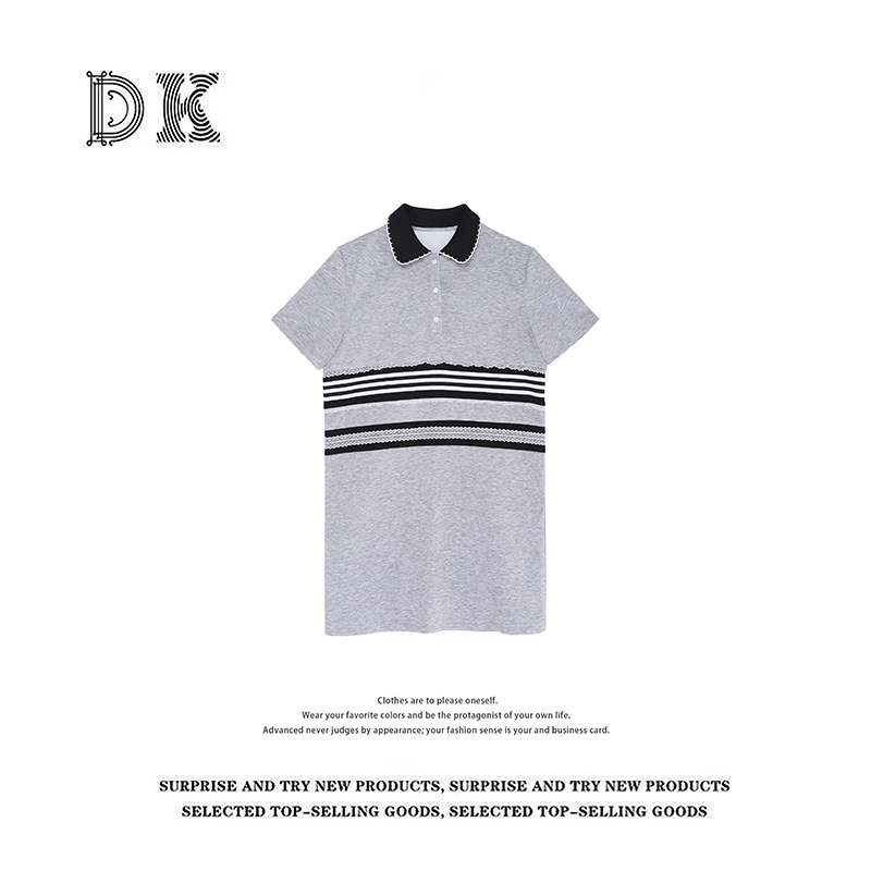 DK 2025款 夏季设计感拼接蕾丝花边翻领宽松显瘦连衣裙 18963