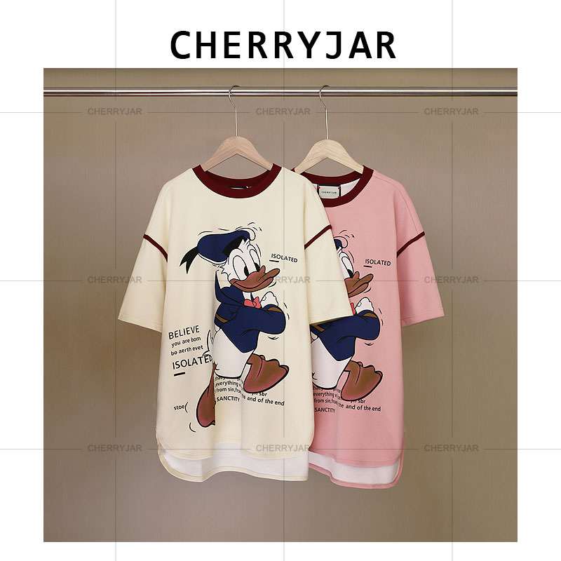 Cherryjar【25522】宽松休闲卡通撞色唐老鸭印花薄款短袖ins