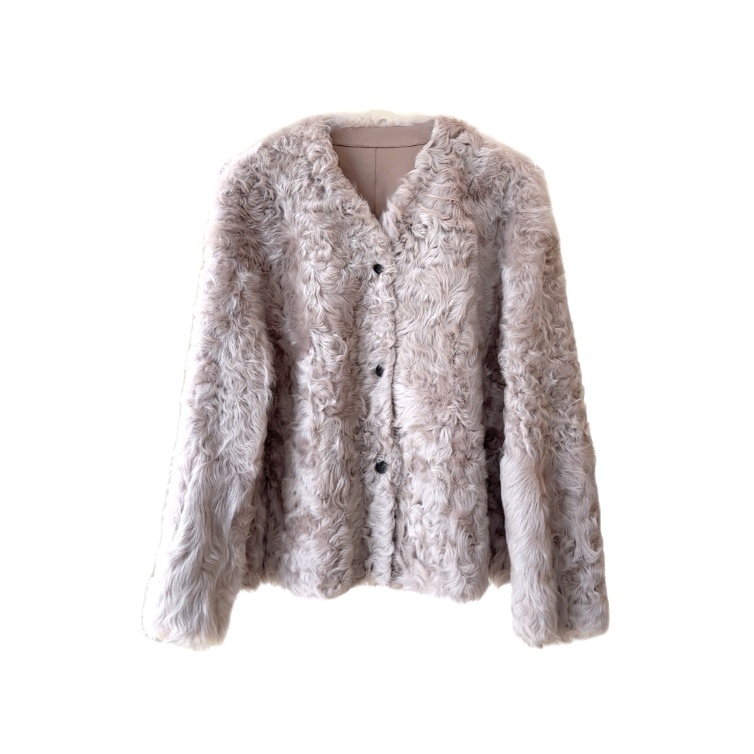 KXL-STUDIO 【KELE高定】“嵿奢小湖羊”雅丹雾粉皮毛一体外套2515