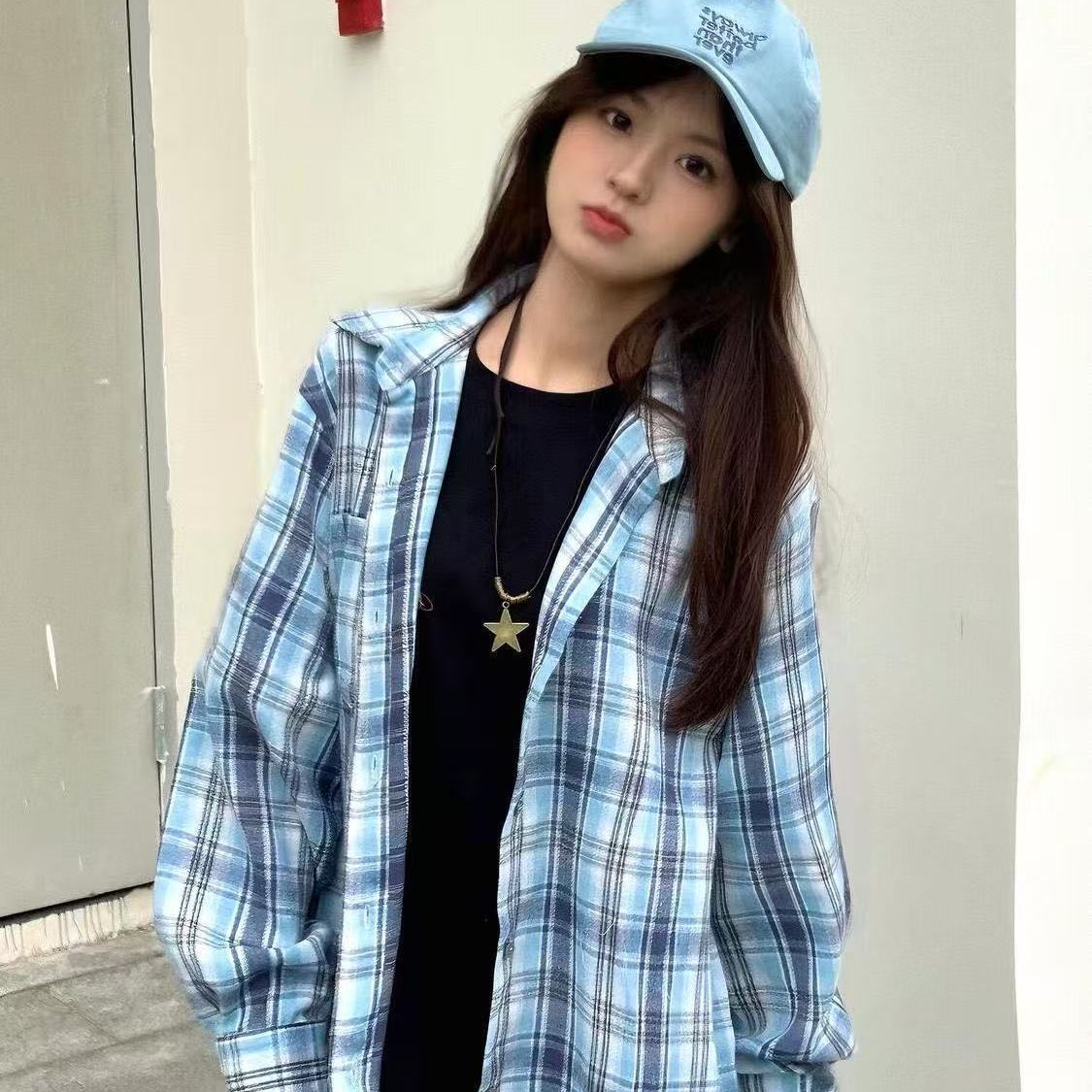蓝色格子POLO领长袖休闲衬衫女春季宽松显瘦衬衣百搭 开衫上衣