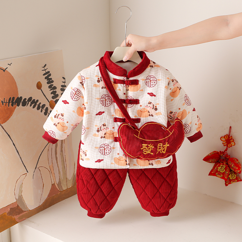 婴儿过年喜庆衣服冬季夹棉宝宝生日抓周分体套装百天周岁男宝礼服