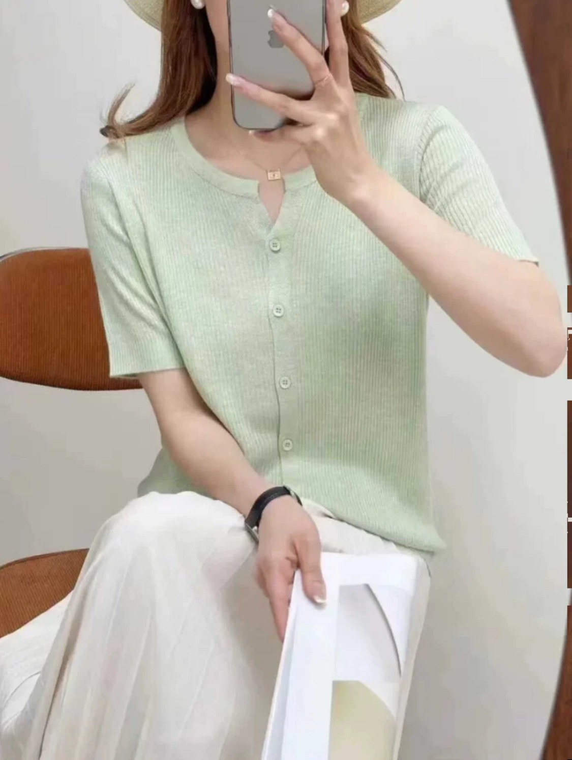 天丝羊毛/夏季宽松/青色V领/针织短袖A3