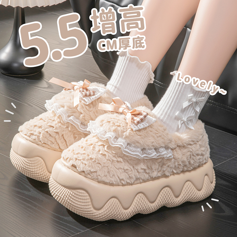 高跟厚底棉拖鞋女款包跟家居可爱少女心拖鞋冬季加绒加厚保暖棉鞋