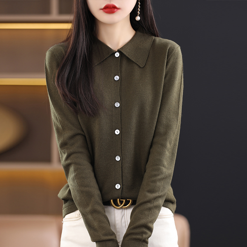 超细精纺扬子纱梭织衬衫开衫女羊毛针织衫春秋外套薄款羊毛衫