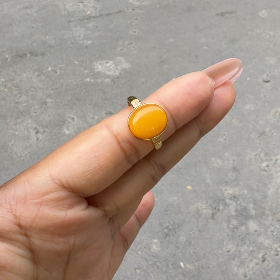 蜜蜡银S925镀金镶嵌戒指蜜蜡