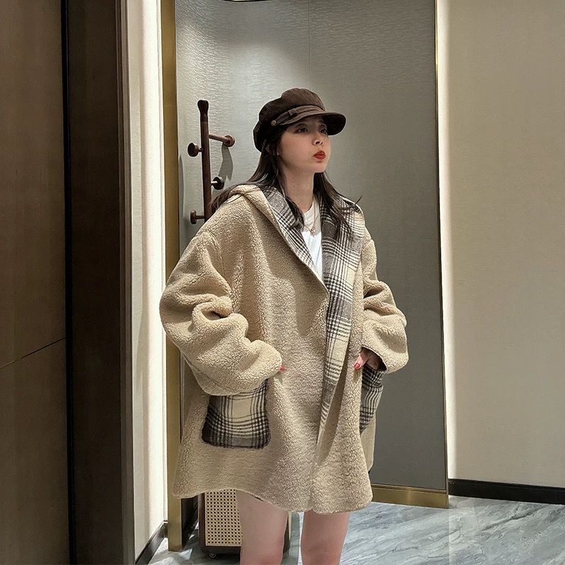 【-10°可穿暖绒口袋】双面穿宽松短冬季格子长袖连帽外套-CCW05