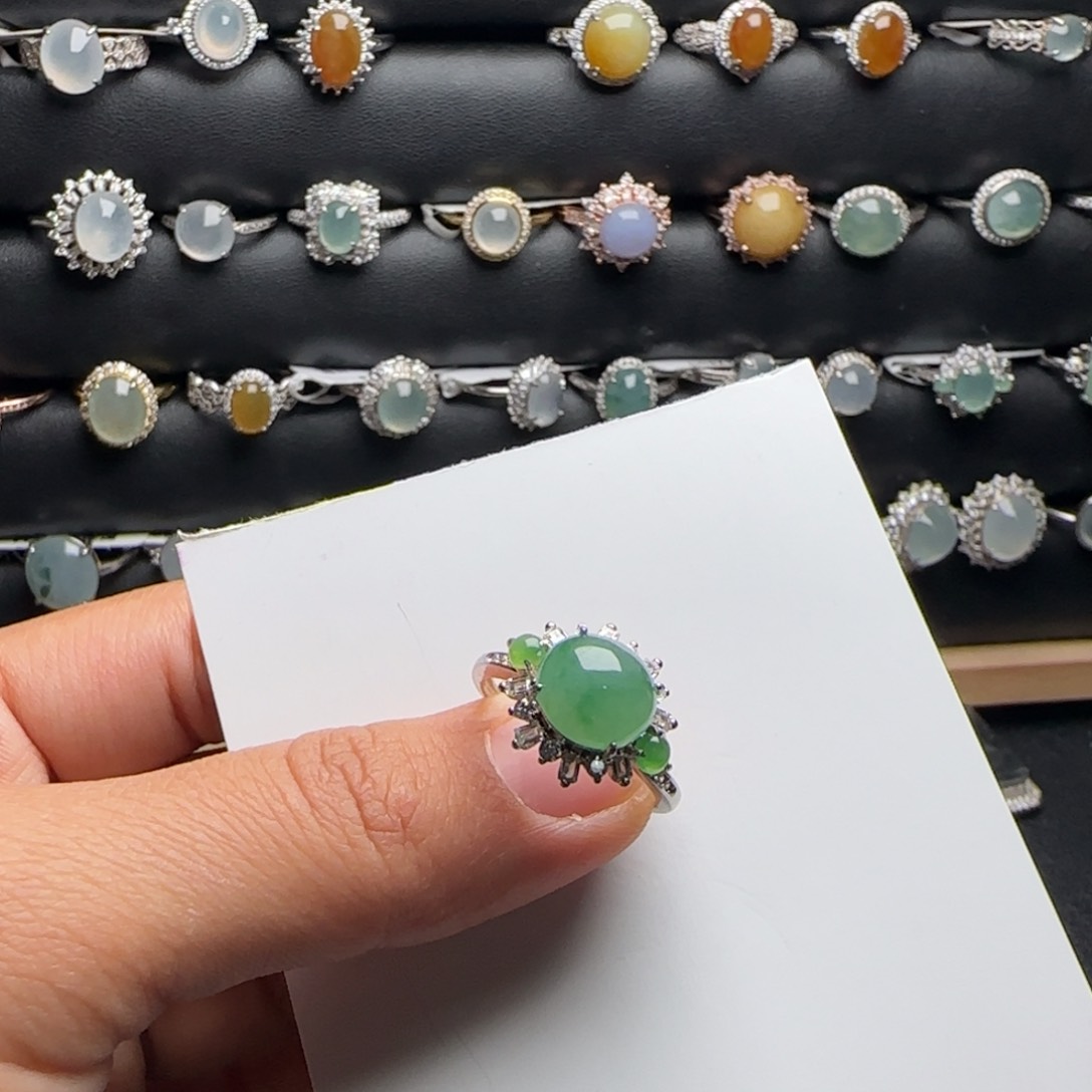 翡翠戒指银S925镶嵌天然缅甸A货翡翠