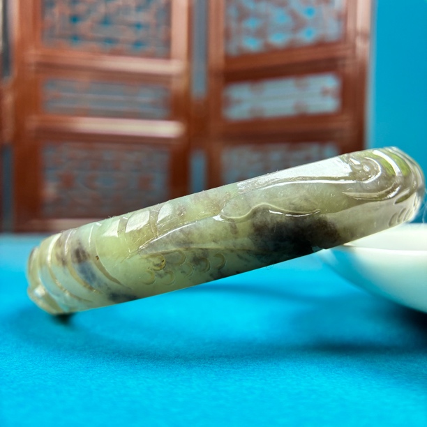 和田玉青白玉烟紫绿色雕花凤凰牡丹古风特色雕刻镯内径58.8mm有棉