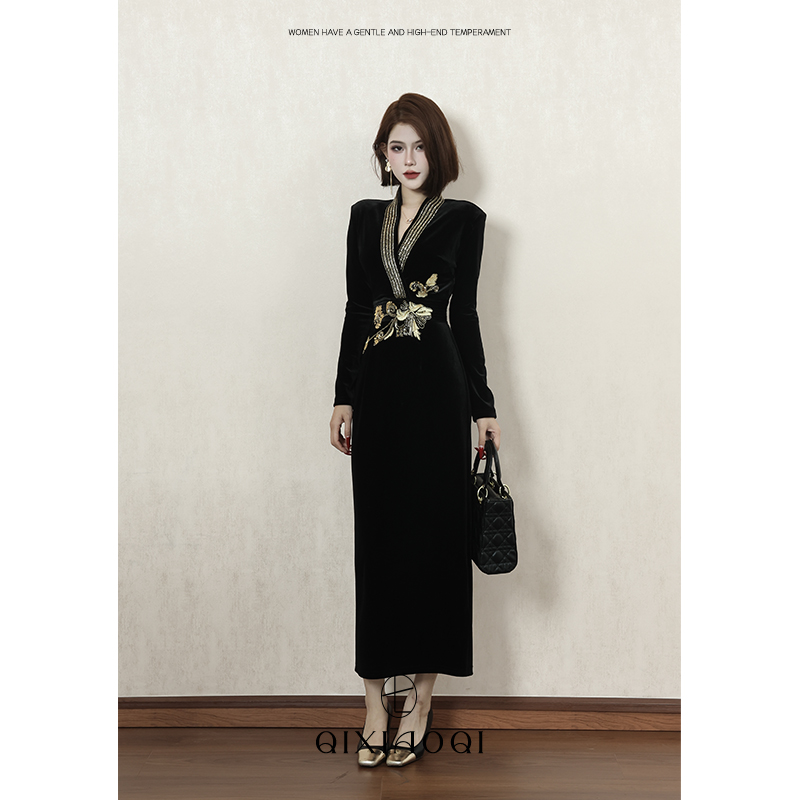 七小七Sicily【卢森堡晚宴】法式气质名媛气质连衣裙女丝绒秋冬长裙