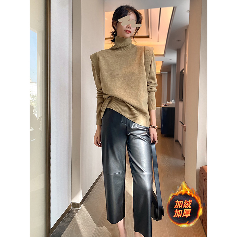 时尚标配|加绒直筒裤 2024冬新款高腰显瘦外穿九分裤加厚打底皮裤