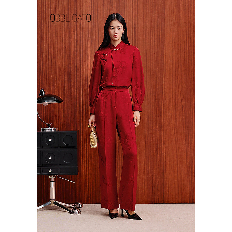 OBBLIGATO奥丽嘉朵2026早春1C36120020新款新中式提花显瘦直筒裤