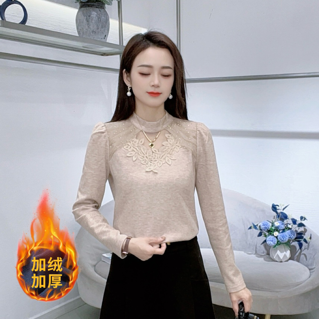 A9180设计长袖女花边拼接半高领冬季新款显瘦百搭洋气上衣