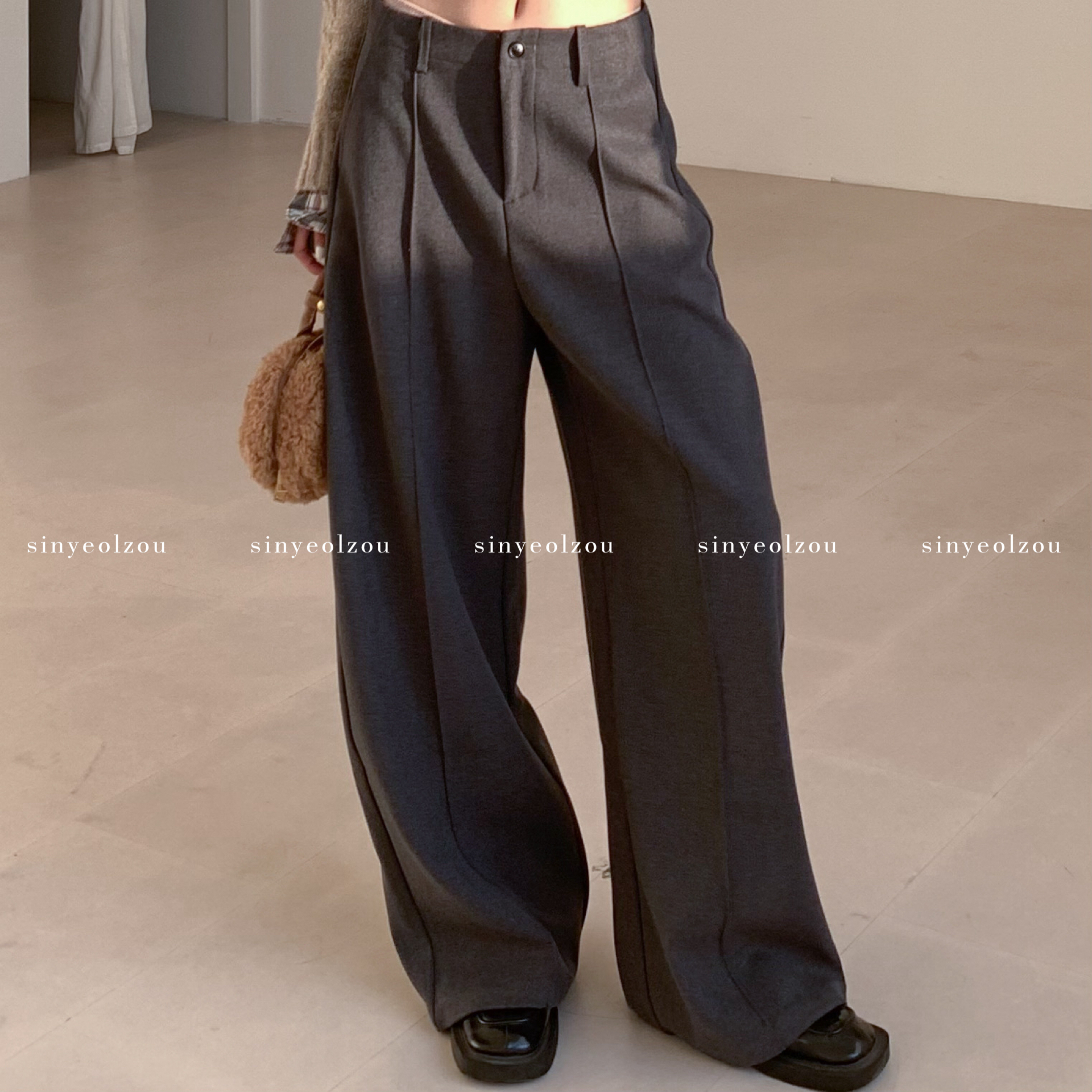 sinyeolzou 腔调中线加绒5%羊毛气场直筒灰西裤 #5054