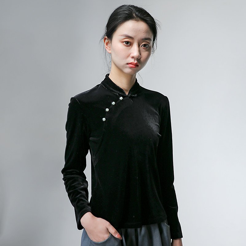 6639春文艺中国风黑色丝绒打底衫长袖内搭改良复古旗袍盘扣上衣