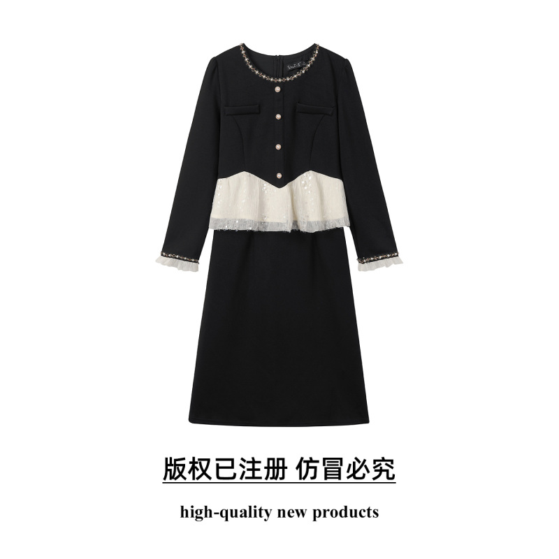 【SZ】大码女装2025秋季减龄亮片拼接连衣裙胖妹妹纽扣装饰圆领裙子