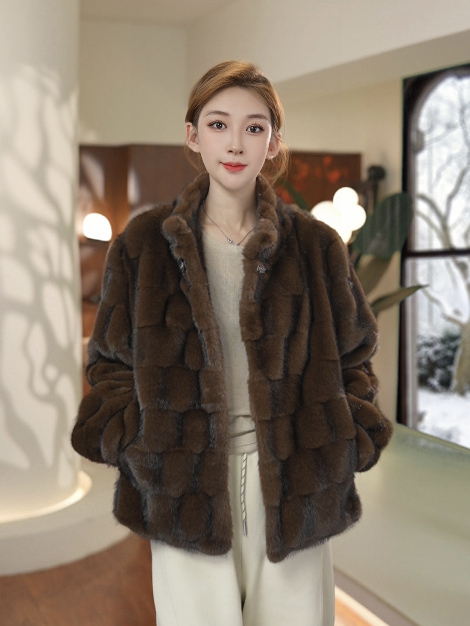 2025秋冬新款海宁貂高端定制阳离子竹节纹半高领轻奢毛毛外套