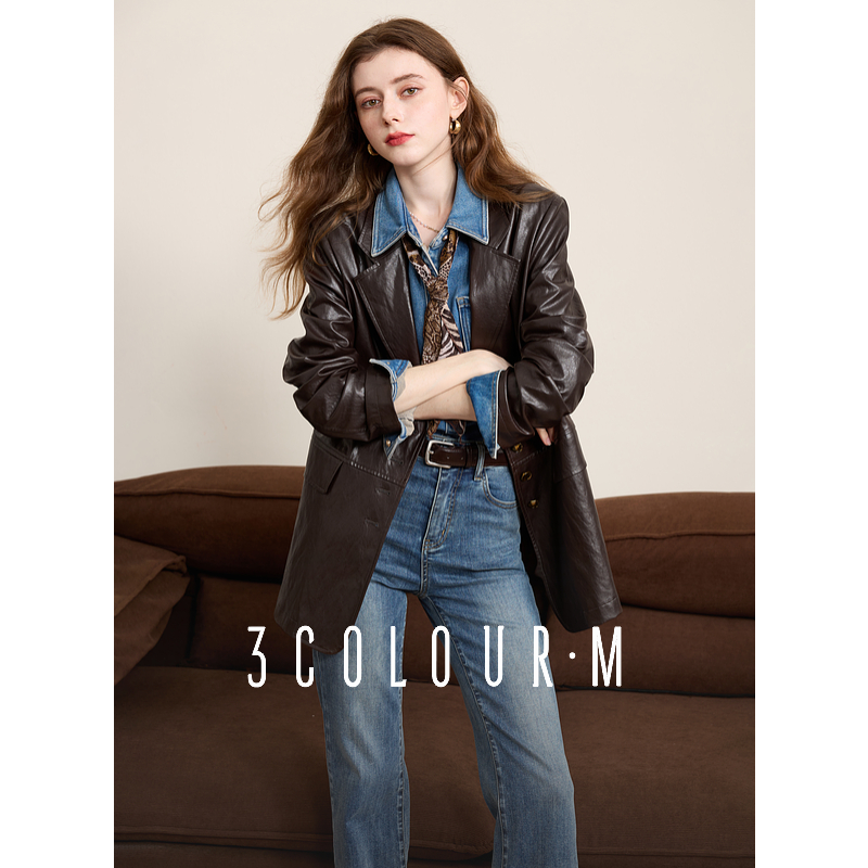 【小北专属】三彩2025春季西装皮衣外套油蜡感PU宽肩摩登dbx
