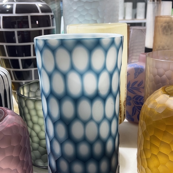 琉璃手工艺品兰色磨刻花瓶花器高33口13